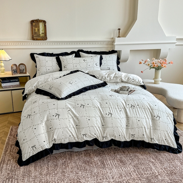 91家纺网 家纺一手货源 找家纺 芷凡家纺 2025新款水洗棉双层纱赫本风四件套-风格二 蝴蝶结