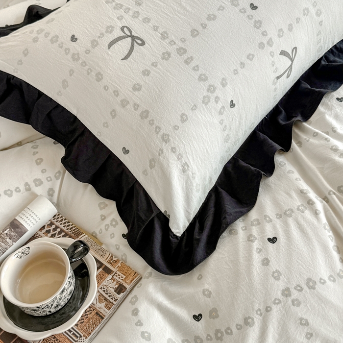 91家纺网 家纺一手货源 找家纺 芷凡家纺 2025新款水洗棉双层纱赫本风四件套-风格二 蝴蝶结