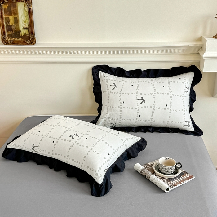 91家纺网 家纺一手货源 找家纺 芷凡家纺 2025新款水洗棉双层纱赫本风四件套-风格二 蝴蝶结