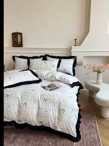 91家纺网 家纺一手货源 找家纺 芷凡家纺 2025新款水洗棉双层纱赫本风四件套-风格二 蝴蝶结