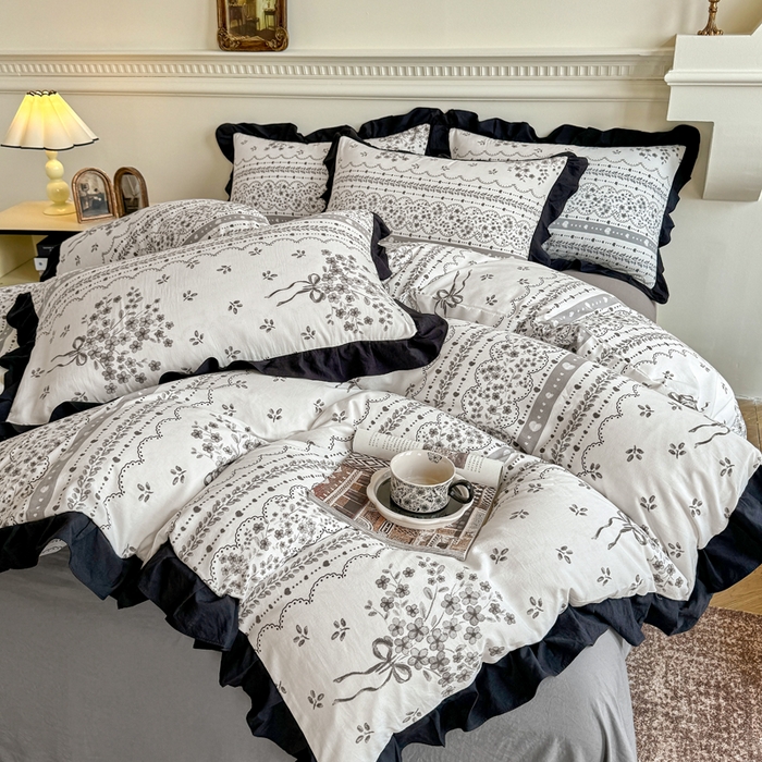 91家纺网 家纺一手货源 找家纺 芷凡家纺 2025新款水洗棉双层纱赫本风四件套-风格二 花束