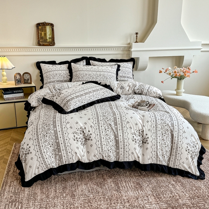 91家纺网 家纺一手货源 找家纺 芷凡家纺 2025新款水洗棉双层纱赫本风四件套-风格二 花束