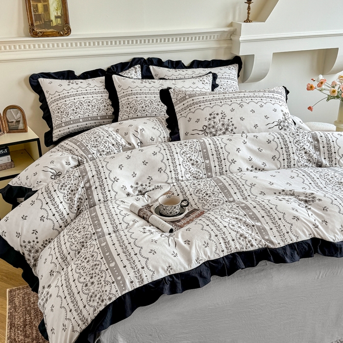 91家纺网 家纺一手货源 找家纺 芷凡家纺 2025新款水洗棉双层纱赫本风四件套-风格二 花束