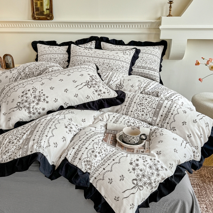 91家纺网 家纺一手货源 找家纺 芷凡家纺 2025新款水洗棉双层纱赫本风四件套-风格二 花束