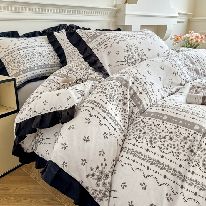 91家纺网 家纺一手货源 找家纺 芷凡家纺 2025新款水洗棉双层纱赫本风四件套-风格二 花束