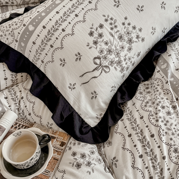 91家纺网 家纺一手货源 找家纺 芷凡家纺 2025新款水洗棉双层纱赫本风四件套-风格二 花束