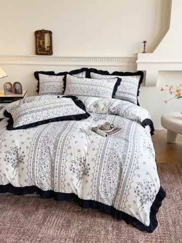 91家纺网 家纺一手货源 找家纺 芷凡家纺 2025新款水洗棉双层纱赫本风四件套-风格二 花束