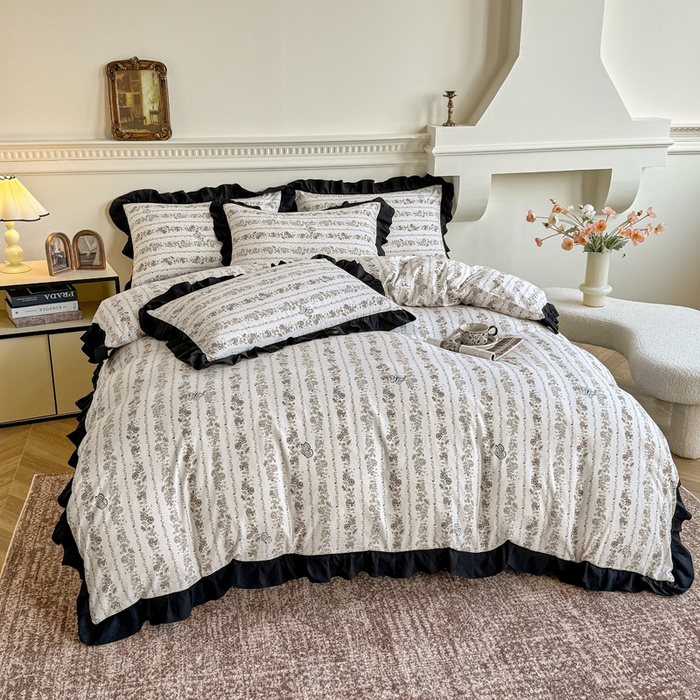 91家纺网 家纺一手货源 找家纺 芷凡家纺 2025新款水洗棉双层纱赫本风四件套-风格二 藤语花