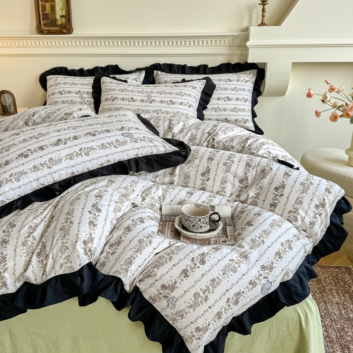 91家纺网 家纺一手货源 找家纺 芷凡家纺 2025新款水洗棉双层纱赫本风四件套-风格二 藤语花