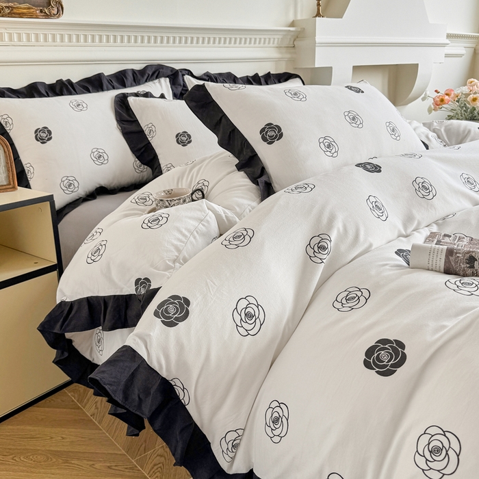 91家纺网 家纺一手货源 找家纺 芷凡家纺 2025新款水洗棉双层纱赫本风四件套-风格二 香奈花语