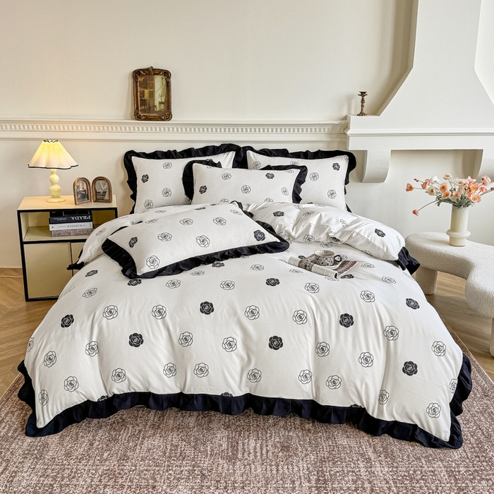 芷凡家纺 2025新款水洗棉双层纱赫本风四件套-风格二 香奈花语