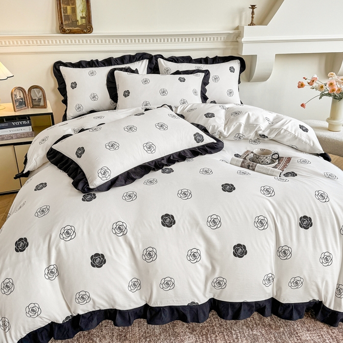 91家纺网 家纺一手货源 找家纺 芷凡家纺 2025新款水洗棉双层纱赫本风四件套-风格二 香奈花语