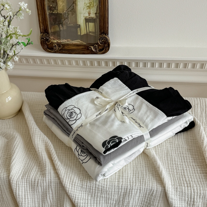 91家纺网 家纺一手货源 找家纺 芷凡家纺 2025新款水洗棉双层纱赫本风四件套-风格二 香奈花语