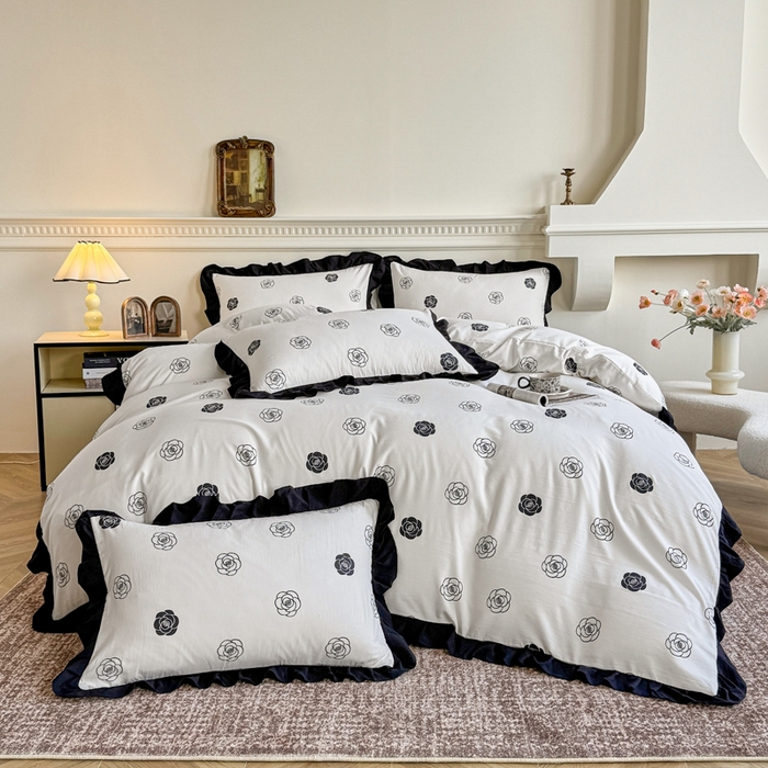 91家纺网 家纺一手货源 找家纺 芷凡家纺 2025新款水洗棉双层纱赫本风四件套-风格二 香奈花语