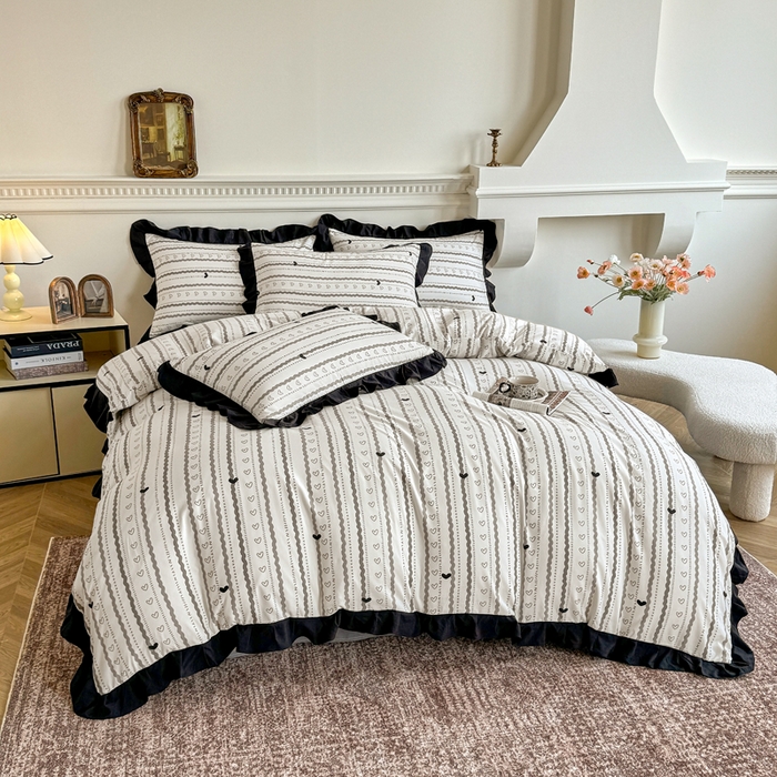 91家纺网 家纺一手货源 找家纺 芷凡家纺 2025新款水洗棉双层纱赫本风四件套-风格二 小爱心