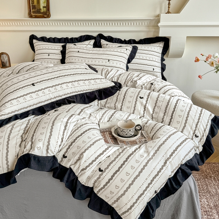 91家纺网 家纺一手货源 找家纺 芷凡家纺 2025新款水洗棉双层纱赫本风四件套-风格二 小爱心