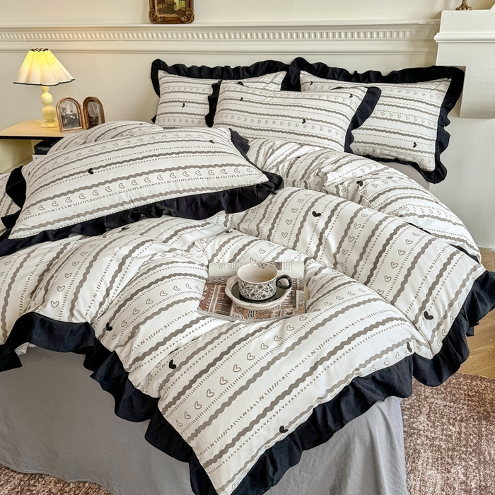 91家纺网 家纺一手货源 找家纺 芷凡家纺 2025新款水洗棉双层纱赫本风四件套-风格二 小爱心