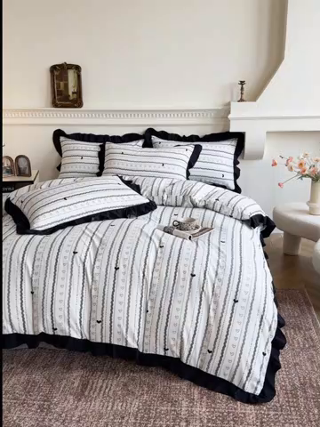 91家纺网 家纺一手货源 找家纺 芷凡家纺 2025新款水洗棉双层纱赫本风四件套-风格二 小爱心