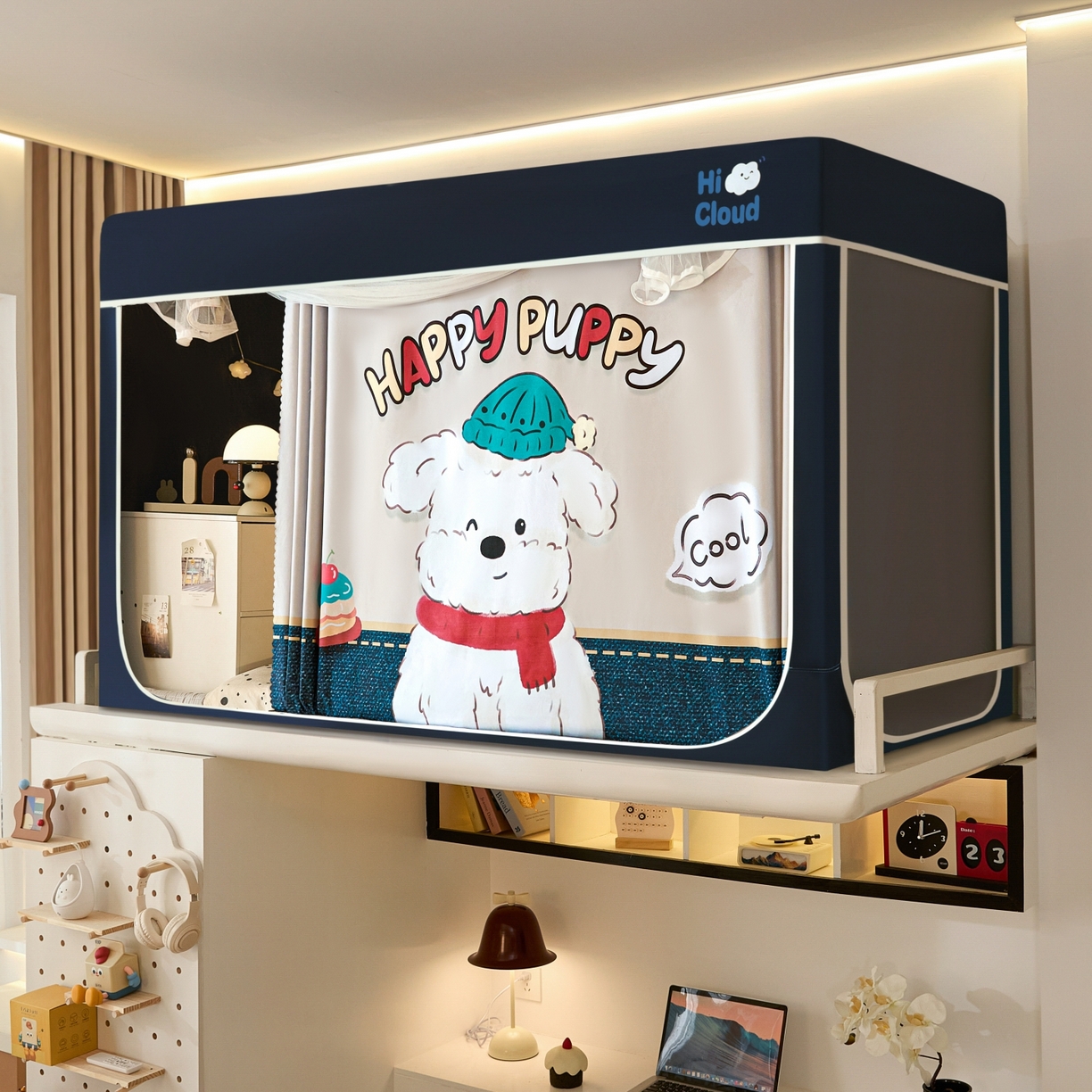 91家纺网 家纺一手货源 找家纺 艺利轩蚊帐 2025新款升级静电植绒环保强遮光床帘款学生上下铺蚊帐 饼干狗