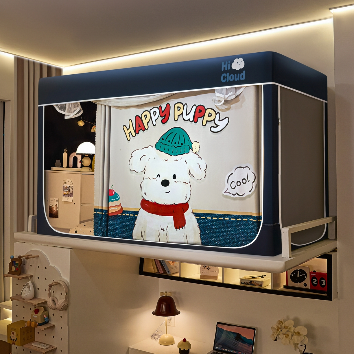 91家纺网 家纺一手货源 找家纺 艺利轩蚊帐 2025新款升级静电植绒环保强遮光床帘款学生上下铺蚊帐 饼干狗