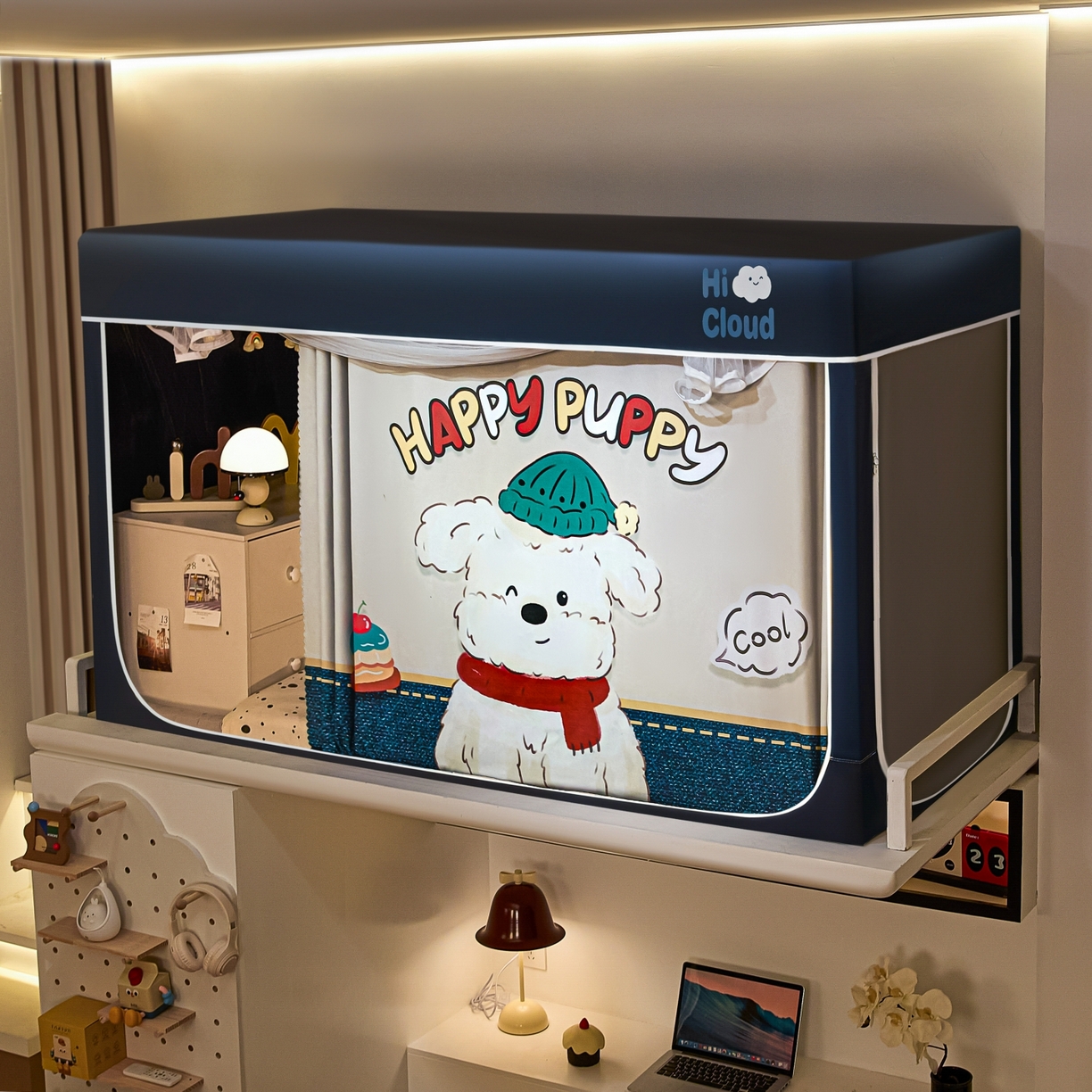 91家纺网 家纺一手货源 找家纺 艺利轩蚊帐 2025新款升级静电植绒环保强遮光床帘款学生上下铺蚊帐 饼干狗