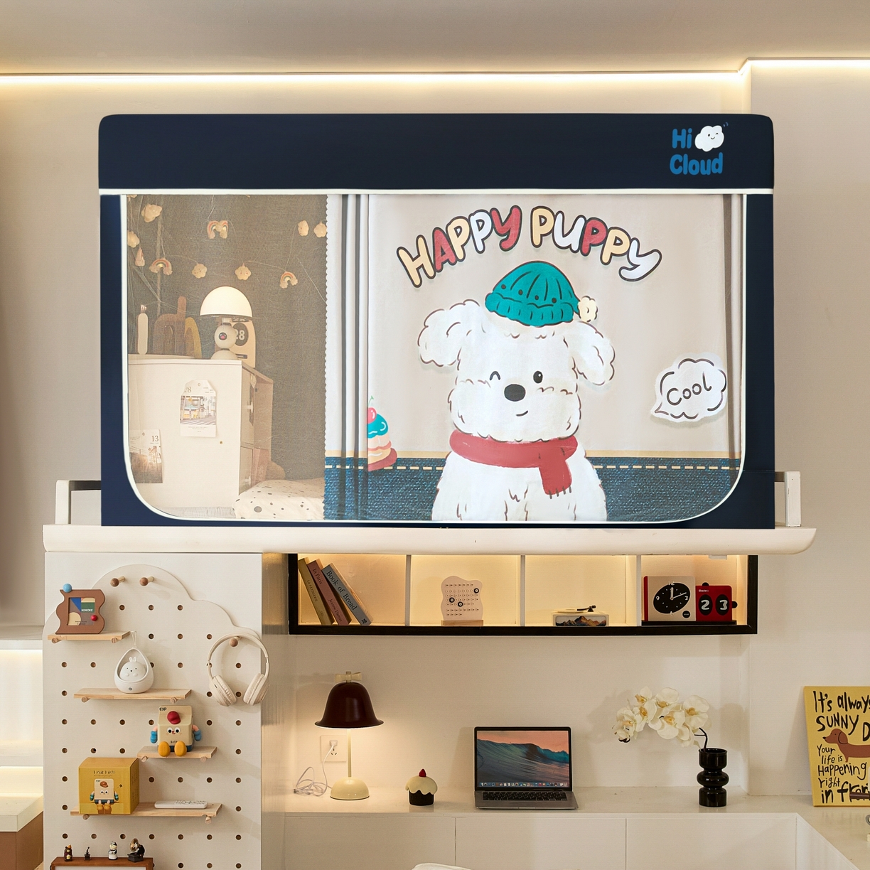 91家纺网 家纺一手货源 找家纺 艺利轩蚊帐 2025新款升级静电植绒环保强遮光床帘款学生上下铺蚊帐 饼干狗