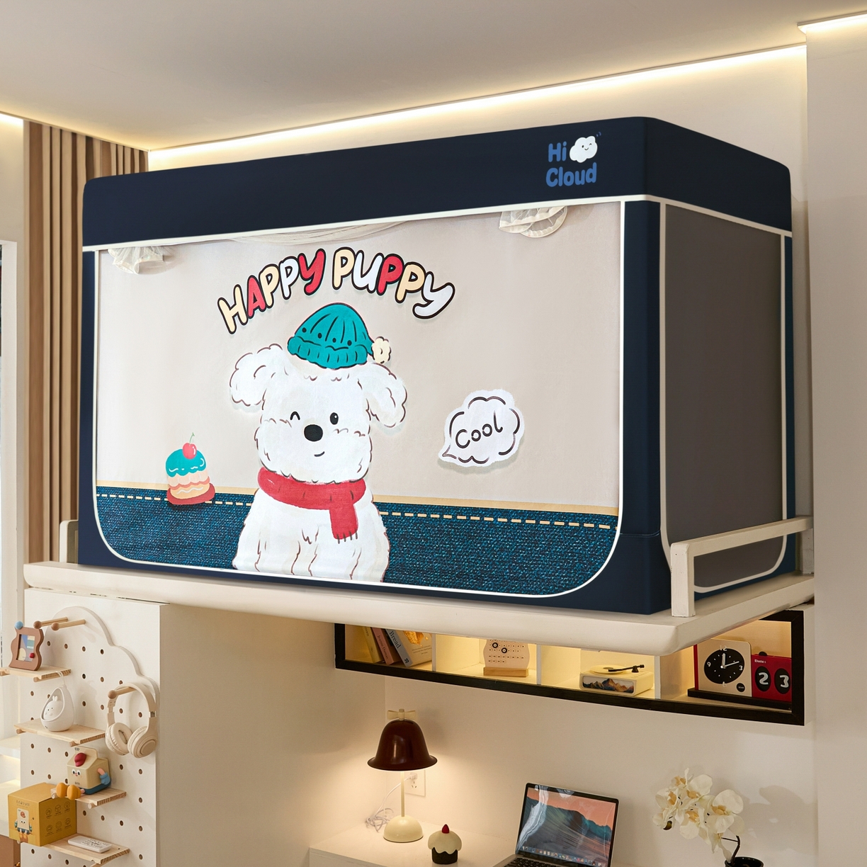 91家纺网 家纺一手货源 找家纺 艺利轩蚊帐 2025新款升级静电植绒环保强遮光床帘款学生上下铺蚊帐 饼干狗