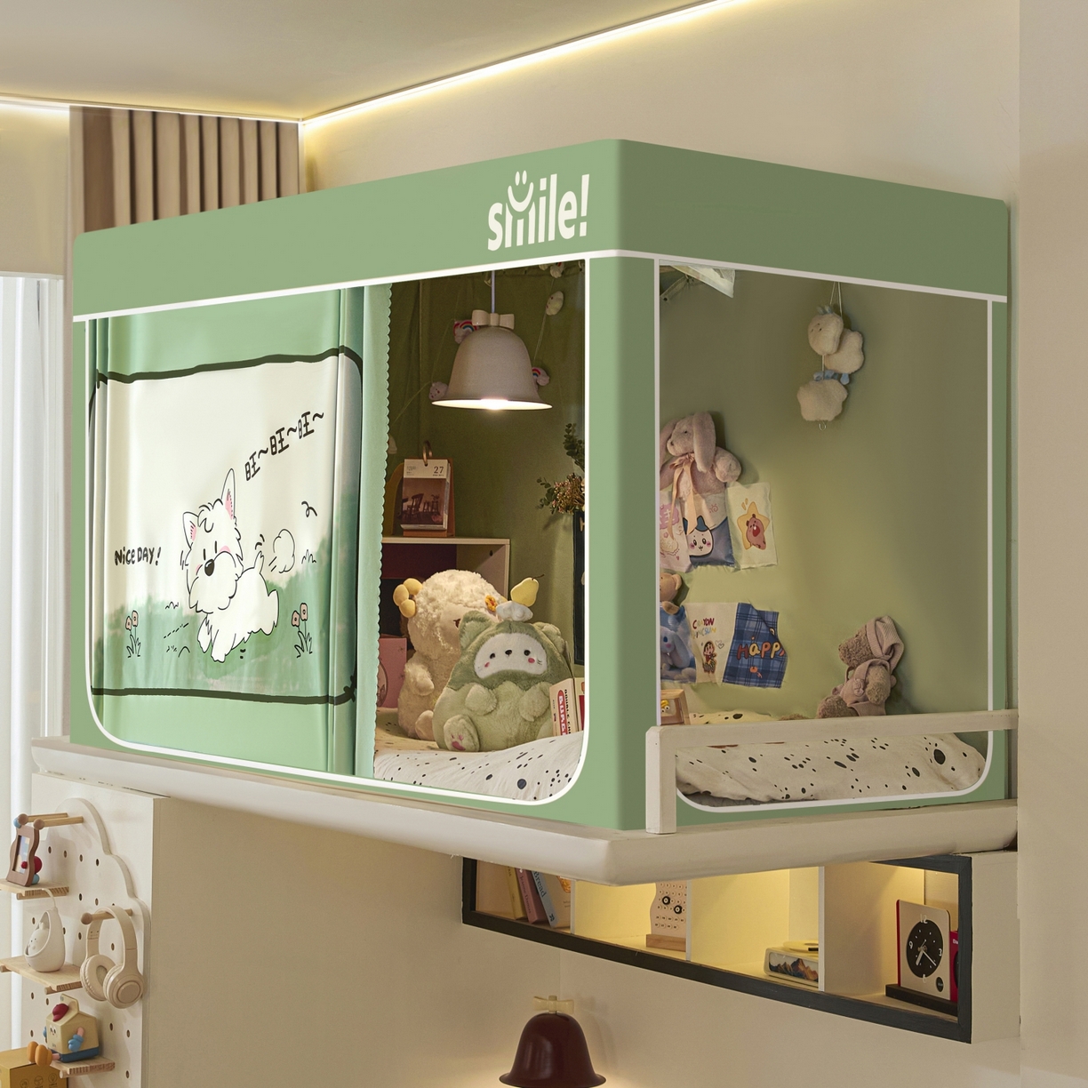 91家纺网 家纺一手货源 找家纺 艺利轩蚊帐 2025新款升级静电植绒环保强遮光床帘款学生上下铺蚊帐 呆萌狗