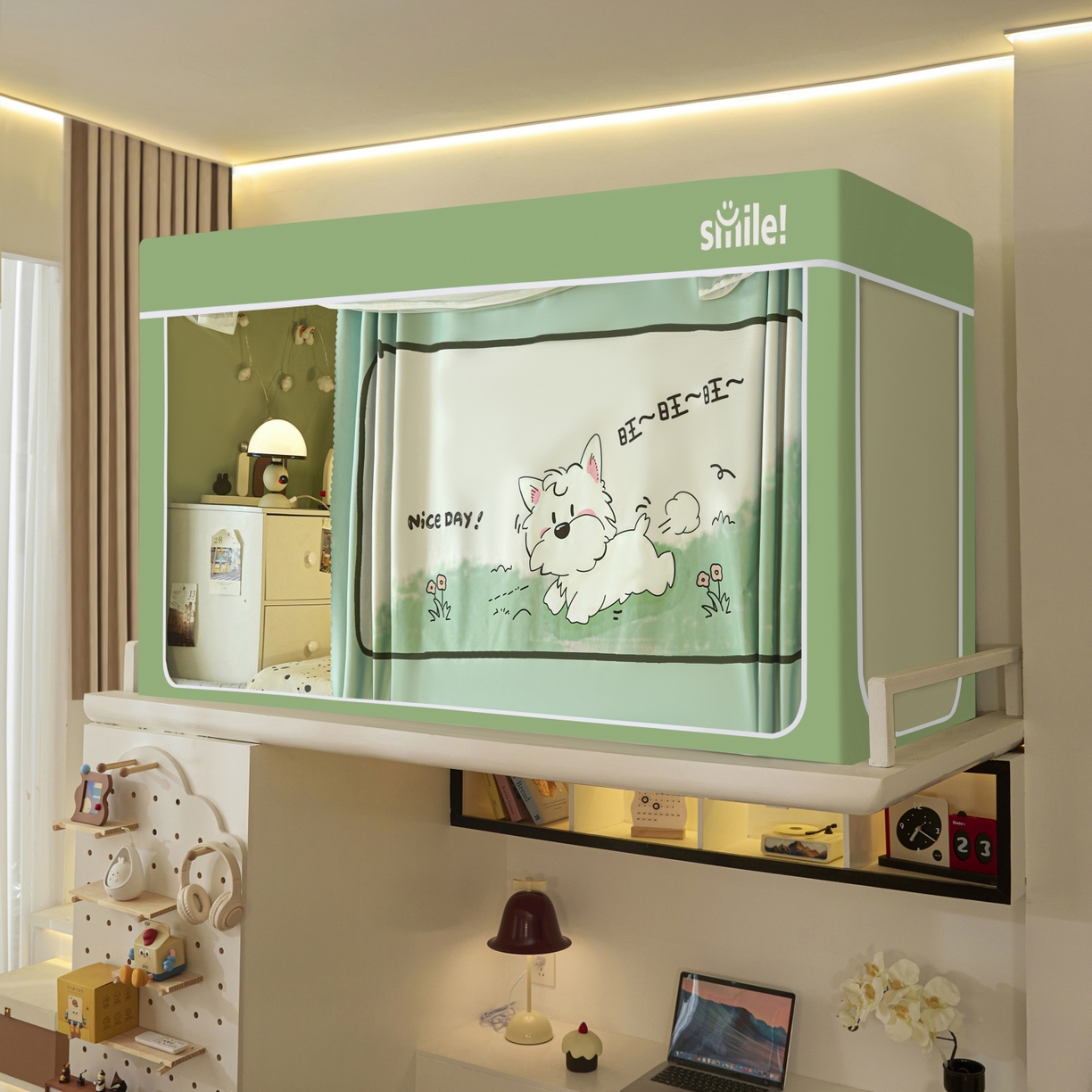 91家纺网 家纺一手货源 找家纺 艺利轩蚊帐 2025新款升级静电植绒环保强遮光床帘款学生上下铺蚊帐 呆萌狗