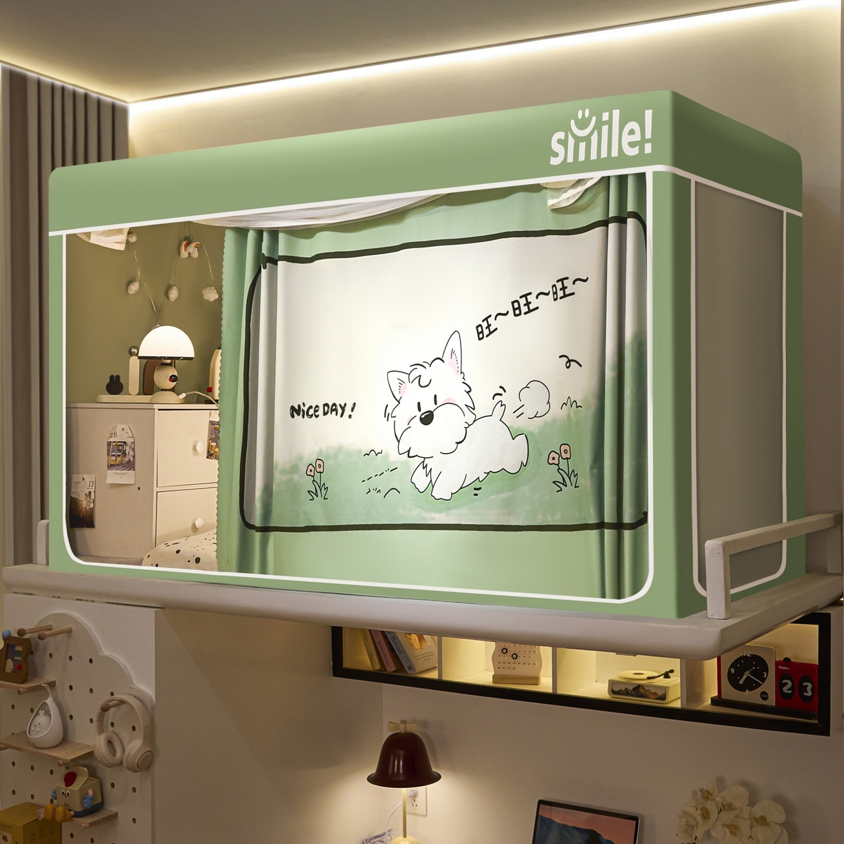 91家纺网 家纺一手货源 找家纺 艺利轩蚊帐 2025新款升级静电植绒环保强遮光床帘款学生上下铺蚊帐 呆萌狗