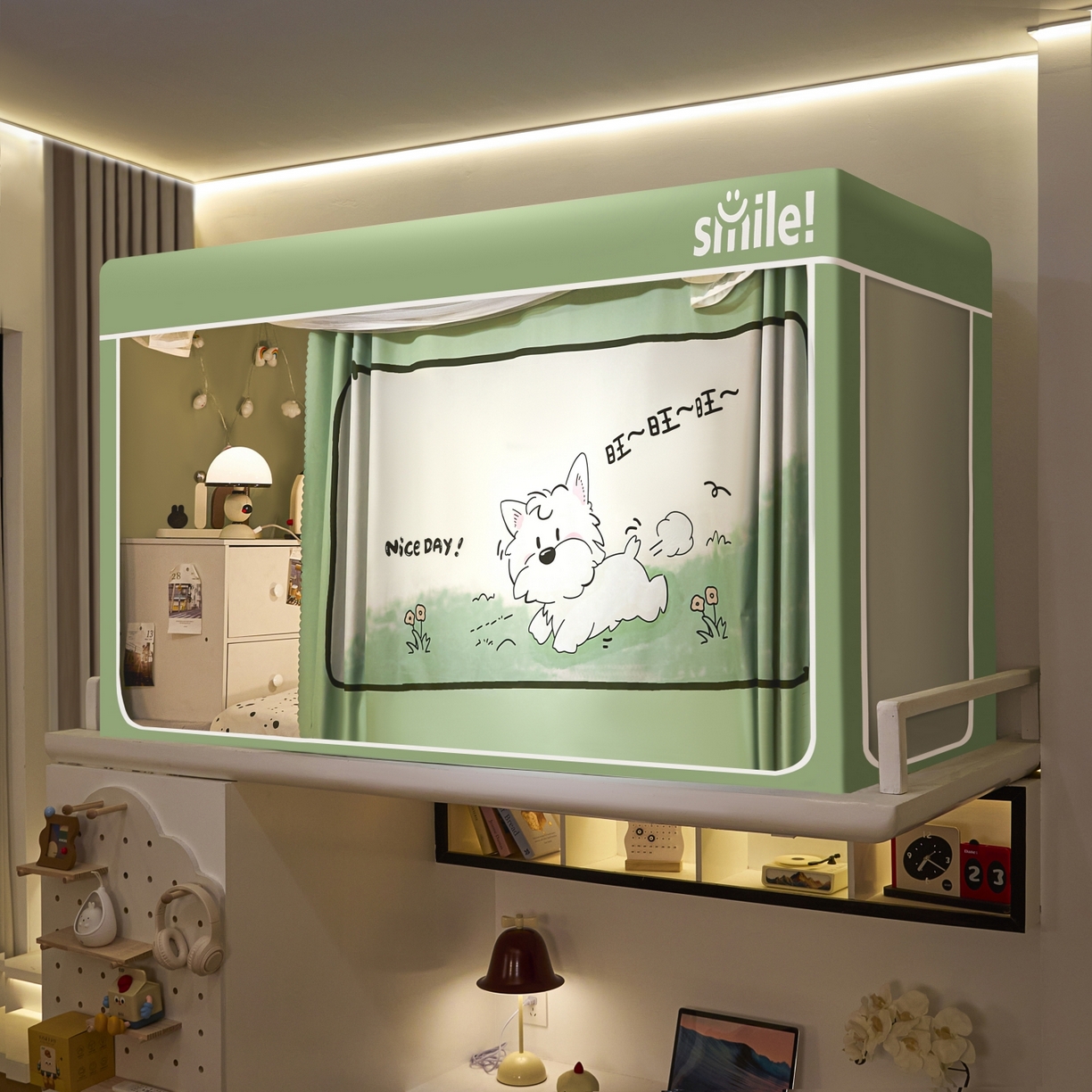 91家纺网 家纺一手货源 找家纺 艺利轩蚊帐 2025新款升级静电植绒环保强遮光床帘款学生上下铺蚊帐 呆萌狗