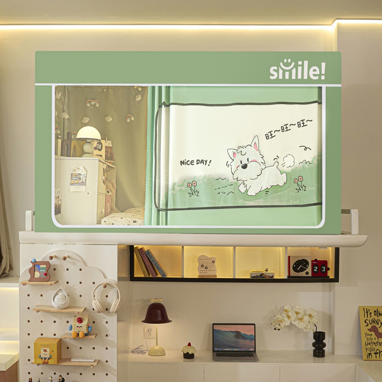 91家纺网 家纺一手货源 找家纺 艺利轩蚊帐 2025新款升级静电植绒环保强遮光床帘款学生上下铺蚊帐 呆萌狗