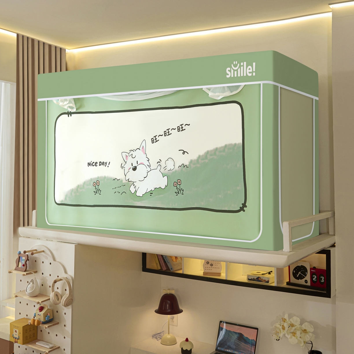 91家纺网 家纺一手货源 找家纺 艺利轩蚊帐 2025新款升级静电植绒环保强遮光床帘款学生上下铺蚊帐 呆萌狗