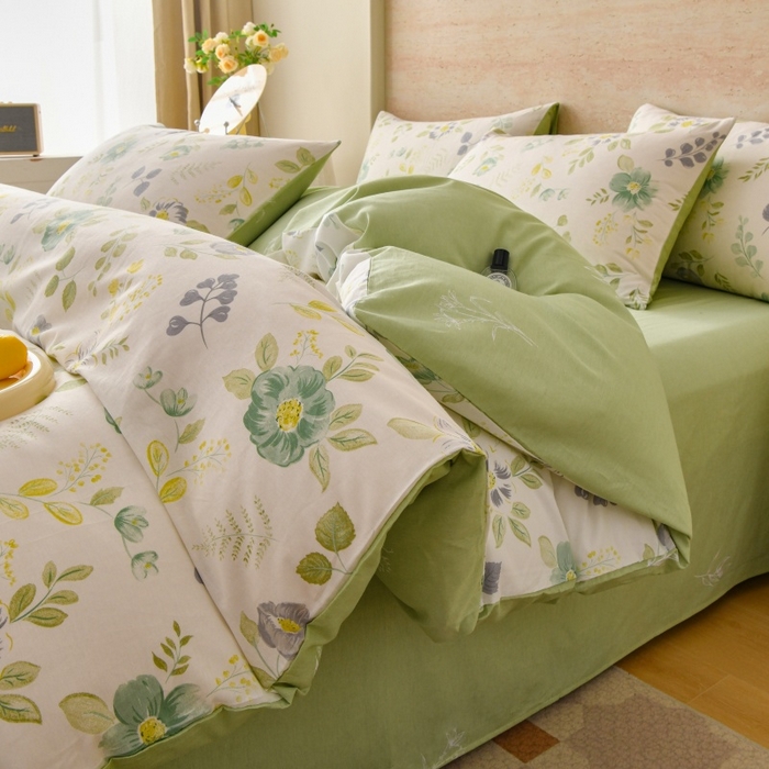 91家纺网 家纺一手货源 找家纺 宇彬家纺 2025直播新款13070全棉纯棉印花单双人被套喷气小清新简约热款学生被罩花韵花香 绿