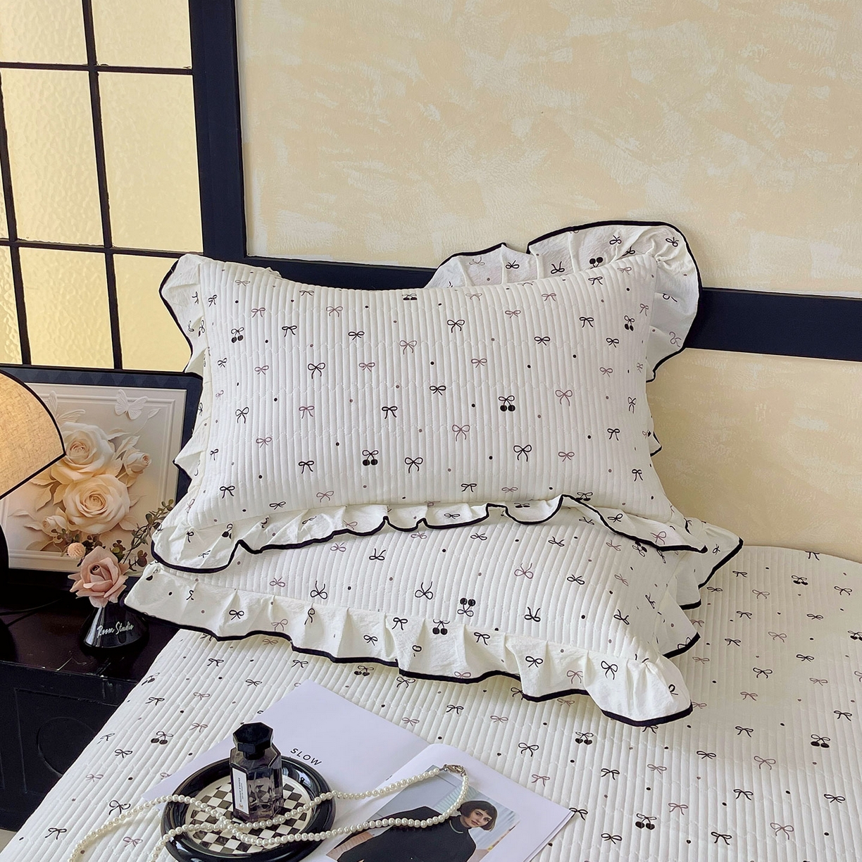 （总）雨彤家纺 2025新款A类云感公主风双层纱印花夹棉花边款枕套