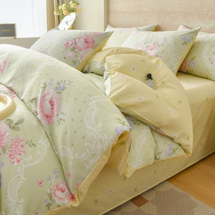 91家纺网 家纺一手货源 找家纺 宇彬家纺 2025直播新款13070全棉纯棉印花单双人被套喷气小清新简约热款学生被罩米绿韵粉黛