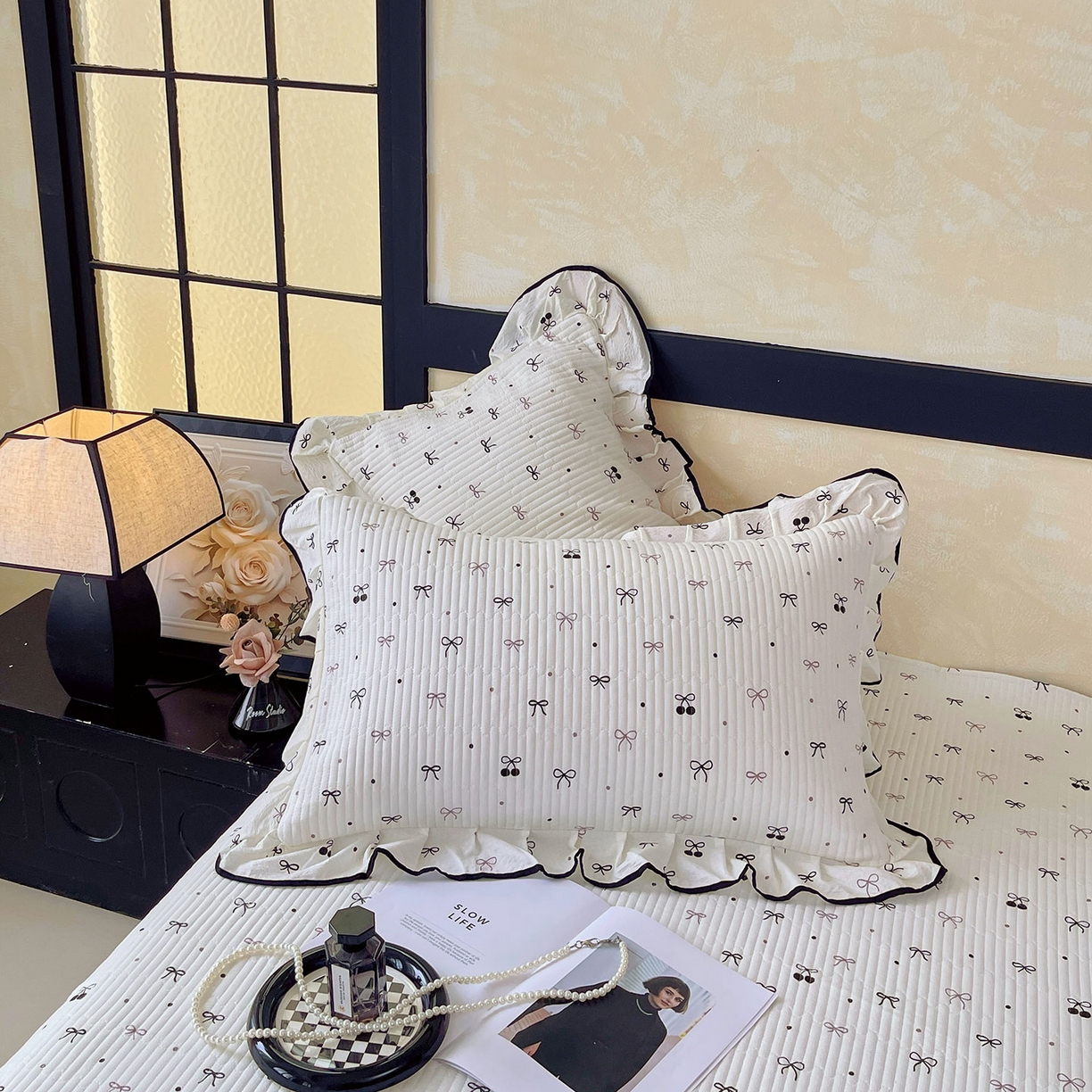 91家纺网 家纺一手货源 找家纺 （总）雨彤家纺 2025新款A类云感公主风双层纱印花夹棉花边款枕套