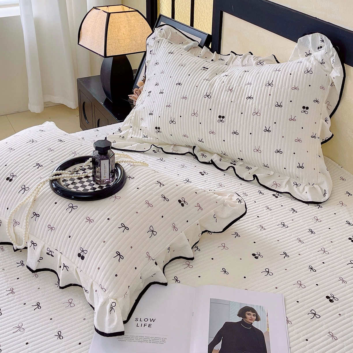 91家纺网 家纺一手货源 找家纺 （总）雨彤家纺 2025新款A类云感公主风双层纱印花夹棉花边款枕套