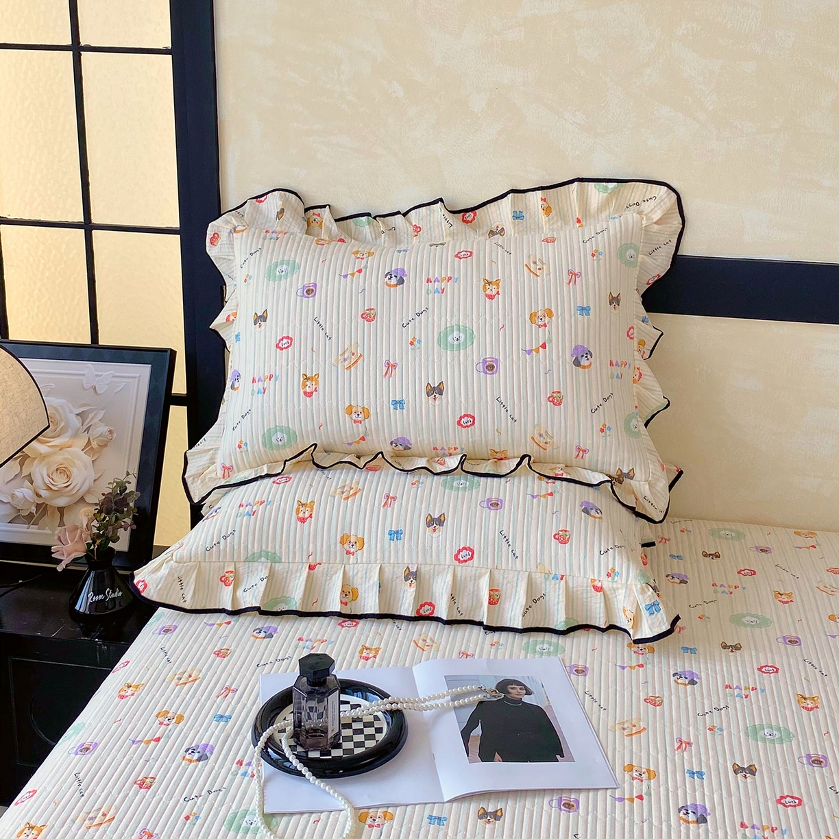 91家纺网 家纺一手货源 找家纺 （总）雨彤家纺 2025新款A类云感公主风双层纱印花夹棉花边款枕套