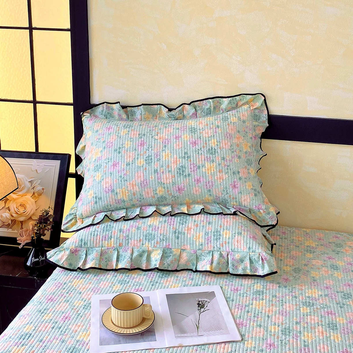 91家纺网 家纺一手货源 找家纺 （总）雨彤家纺 2025新款A类云感公主风双层纱印花夹棉花边款枕套