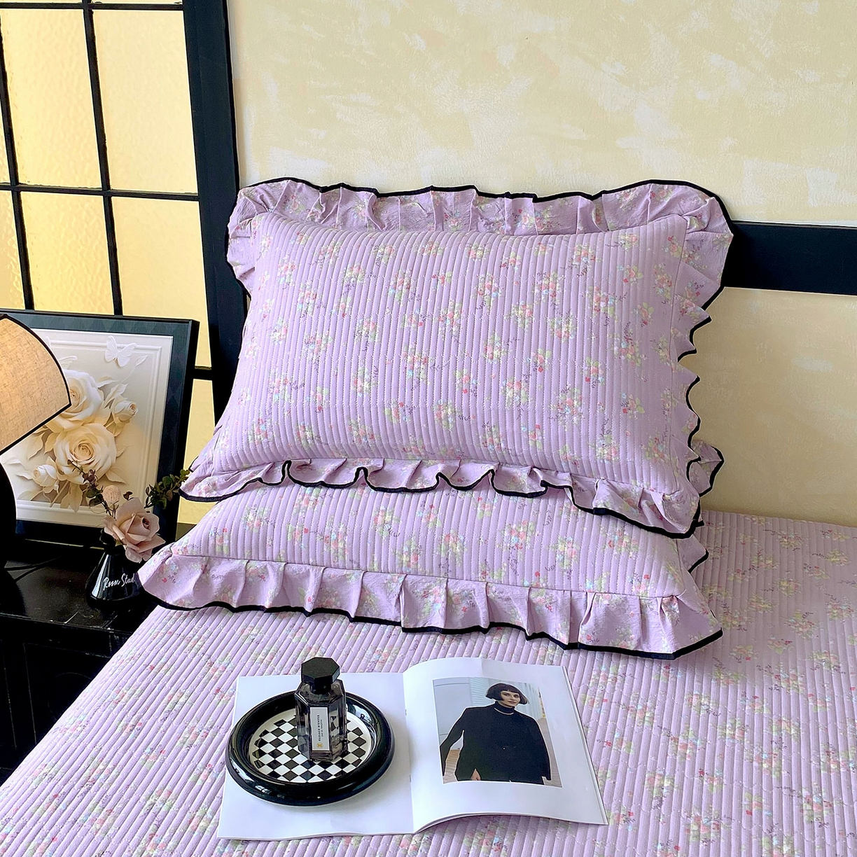 91家纺网 家纺一手货源 找家纺 （总）雨彤家纺 2025新款A类云感公主风双层纱印花夹棉花边款枕套