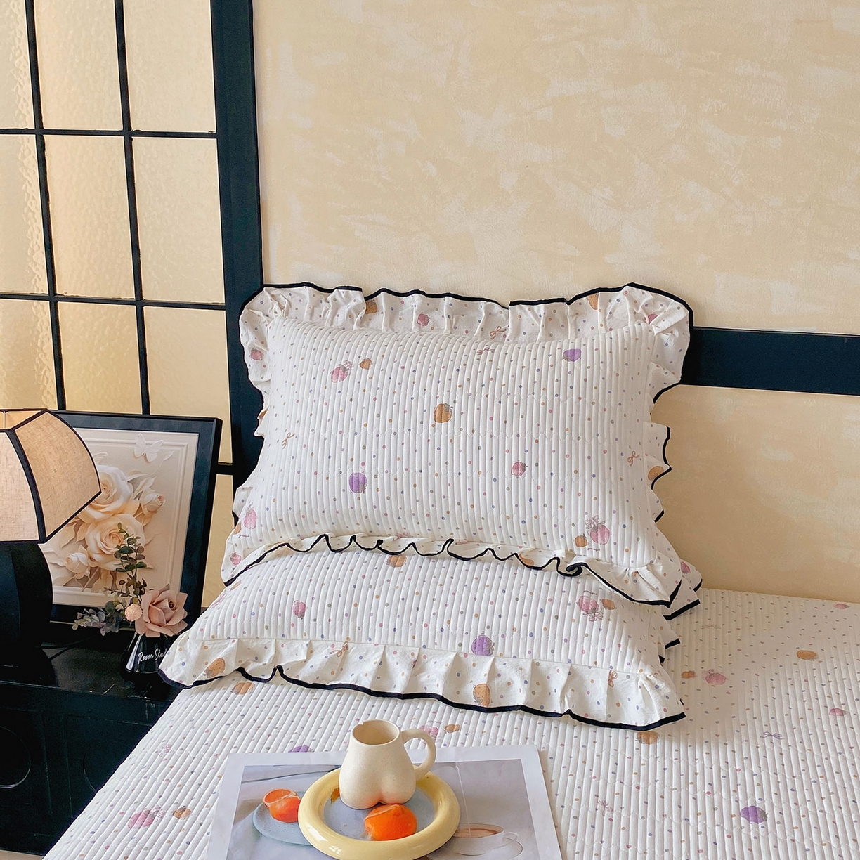 91家纺网 家纺一手货源 找家纺 （总）雨彤家纺 2025新款A类云感公主风双层纱印花夹棉花边款枕套