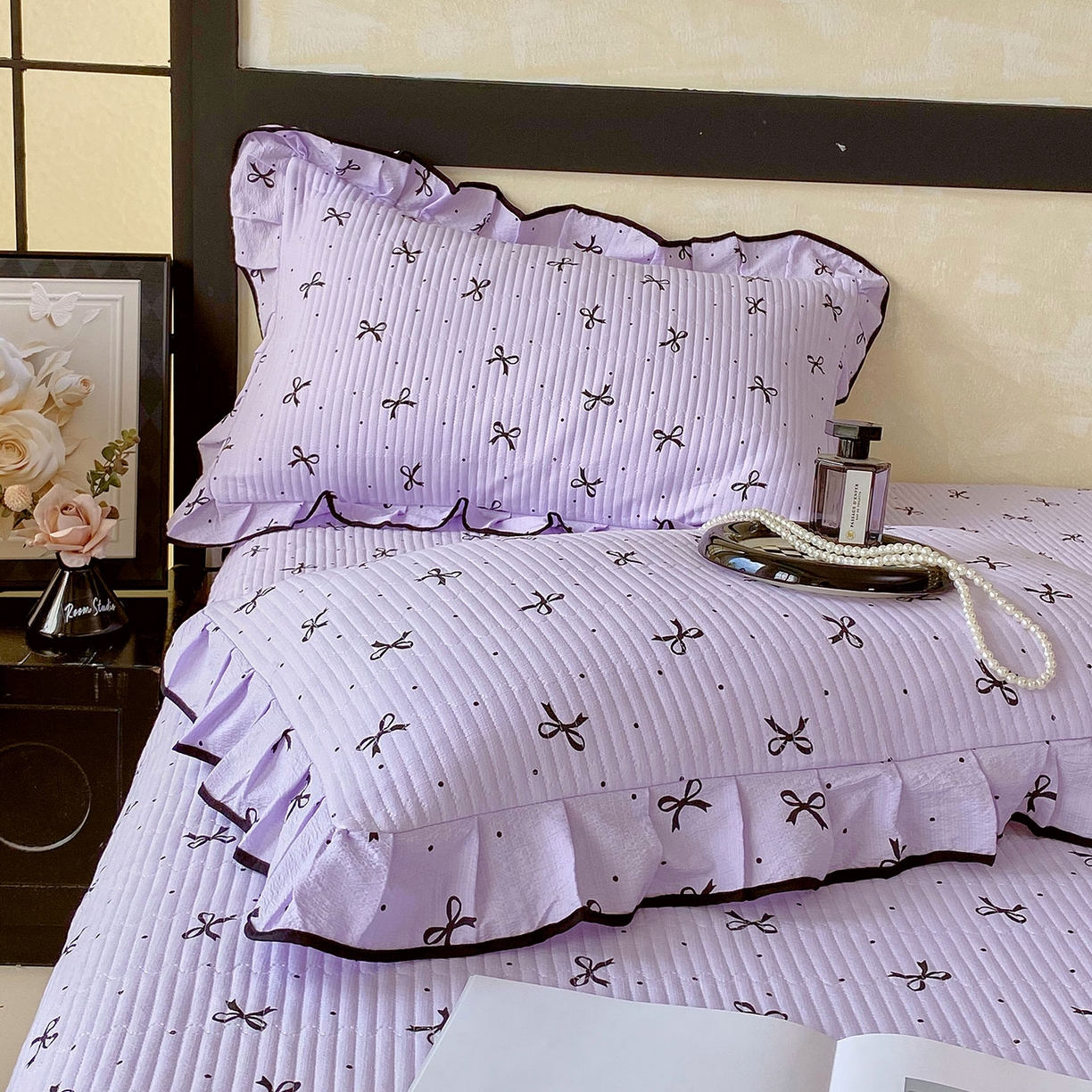 91家纺网 家纺一手货源 找家纺 雨彤家纺 2025新款A类云感公主风双层纱印花夹棉花边款枕套 蝴蝶可颂-公主风