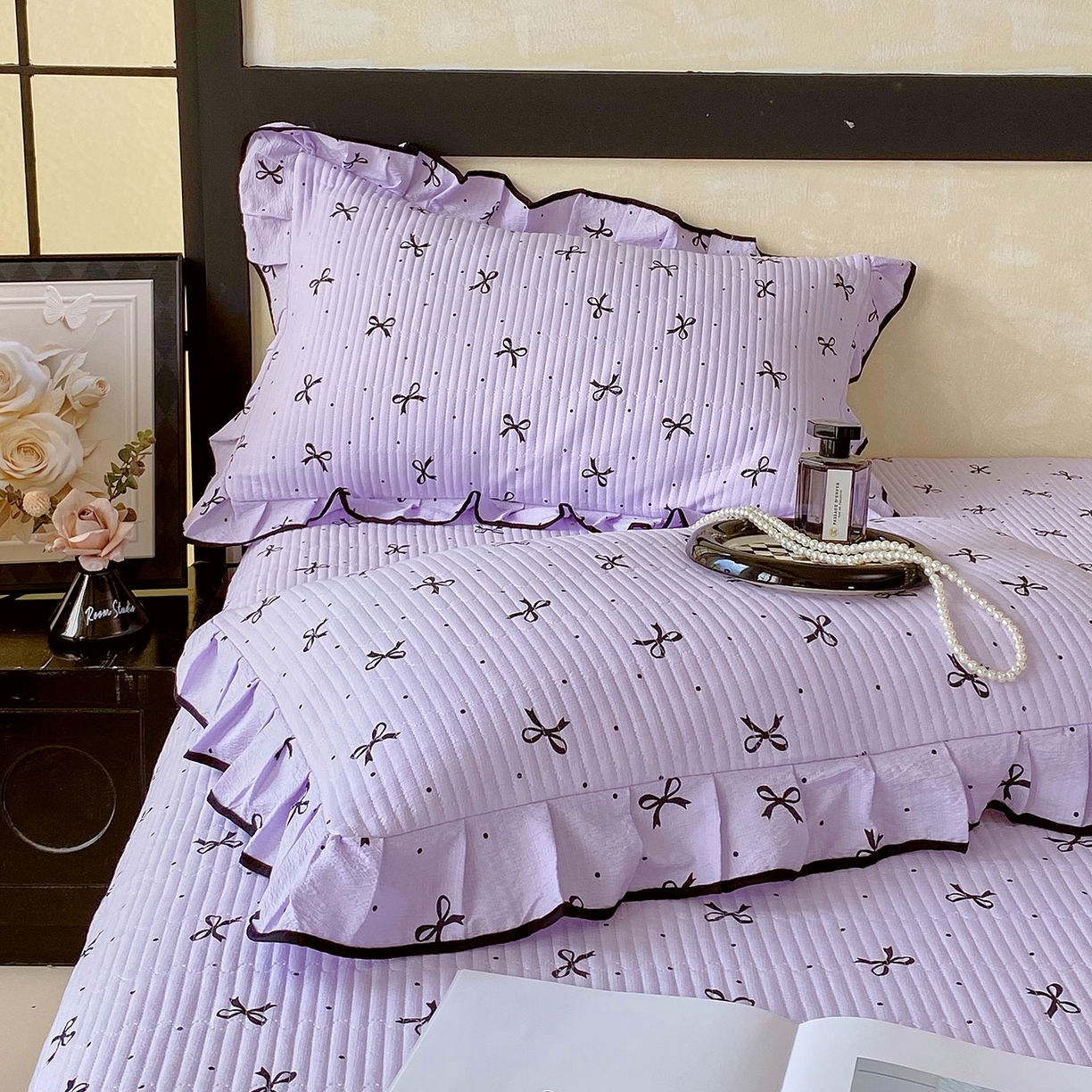 91家纺网 家纺一手货源 找家纺 雨彤家纺 2025新款A类云感公主风双层纱印花夹棉花边款枕套 蝴蝶可颂-公主风