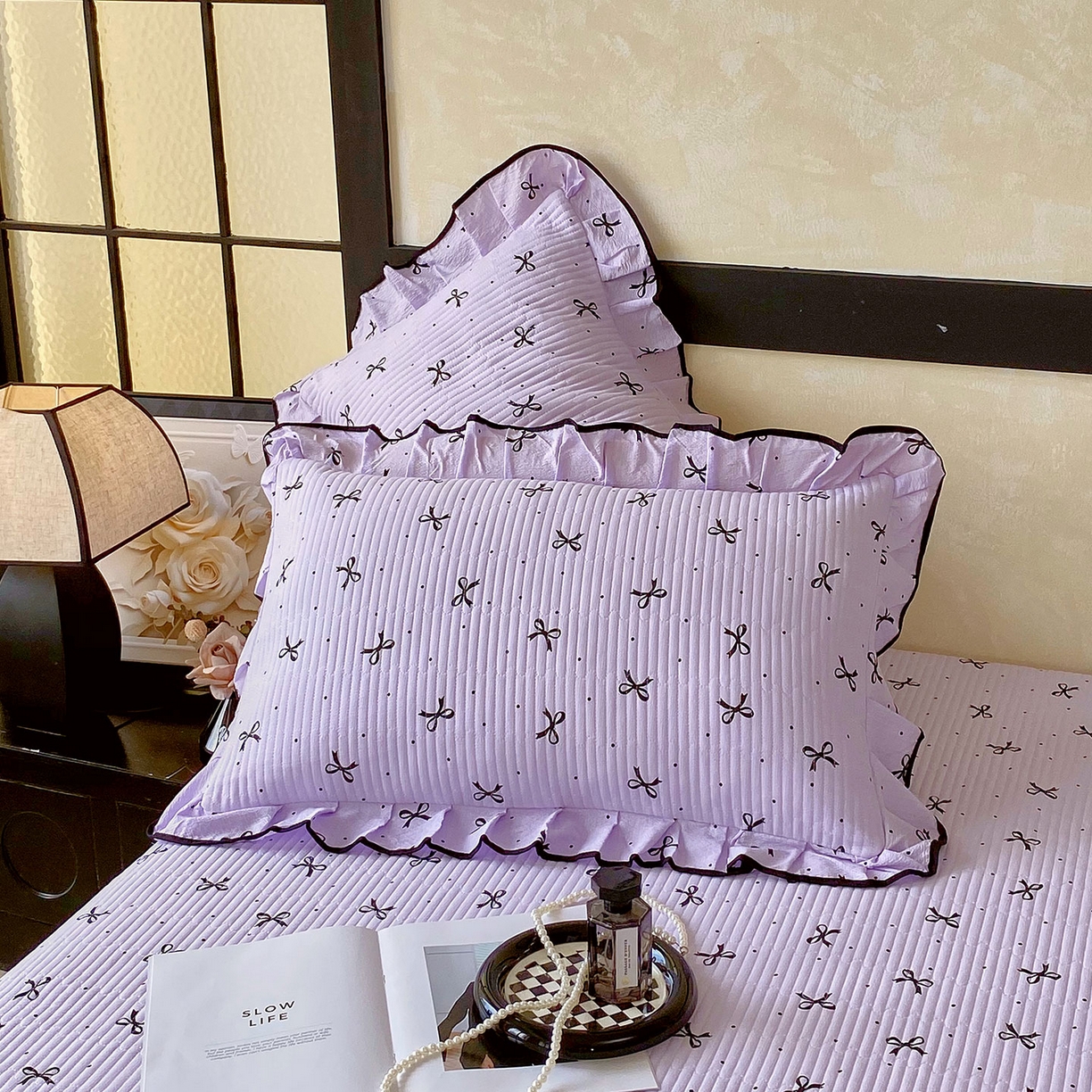 91家纺网 家纺一手货源 找家纺 雨彤家纺 2025新款A类云感公主风双层纱印花夹棉花边款枕套 蝴蝶可颂-公主风