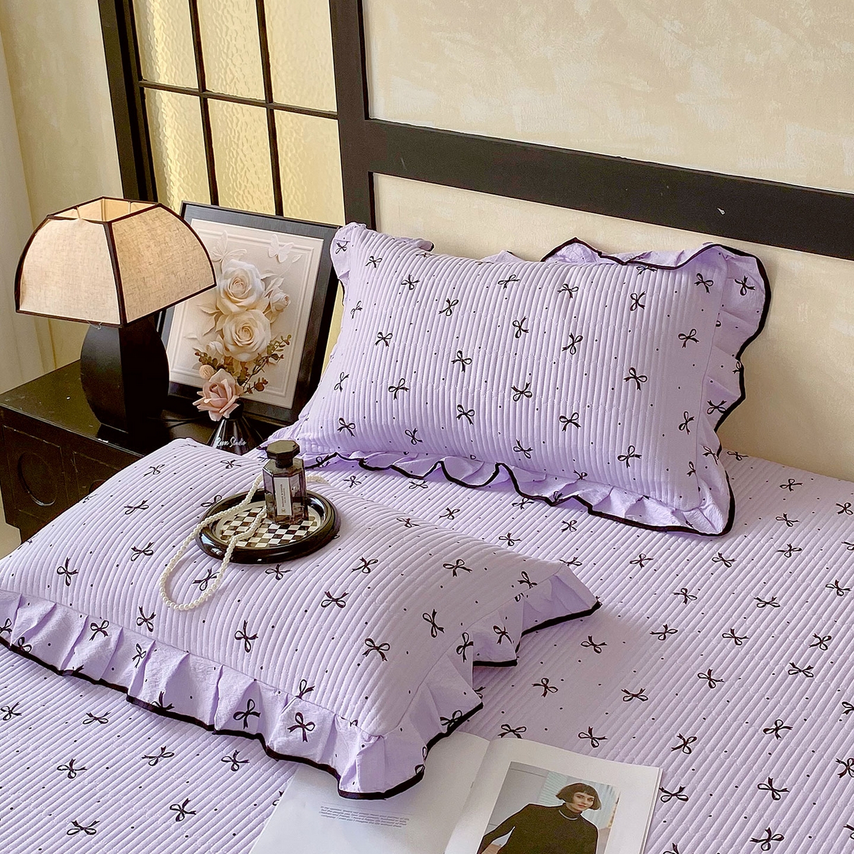 91家纺网 家纺一手货源 找家纺 雨彤家纺 2025新款A类云感公主风双层纱印花夹棉花边款枕套 蝴蝶可颂-公主风