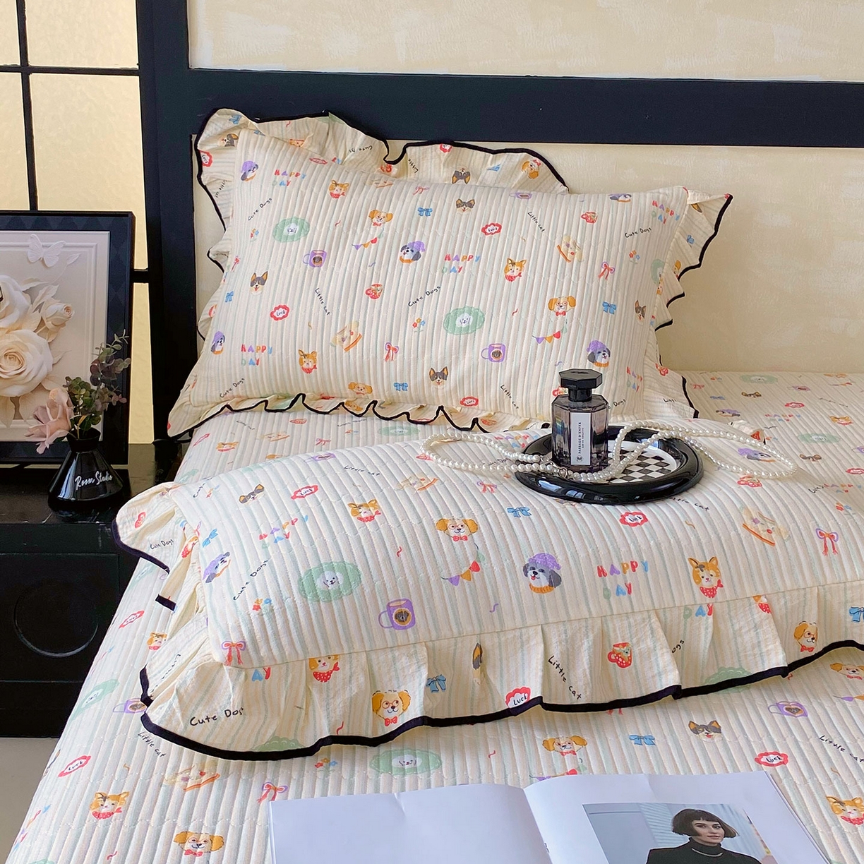 91家纺网 家纺一手货源 找家纺 雨彤家纺 2025新款A类云感公主风双层纱印花夹棉花边款枕套 童趣涂鸦-公主风