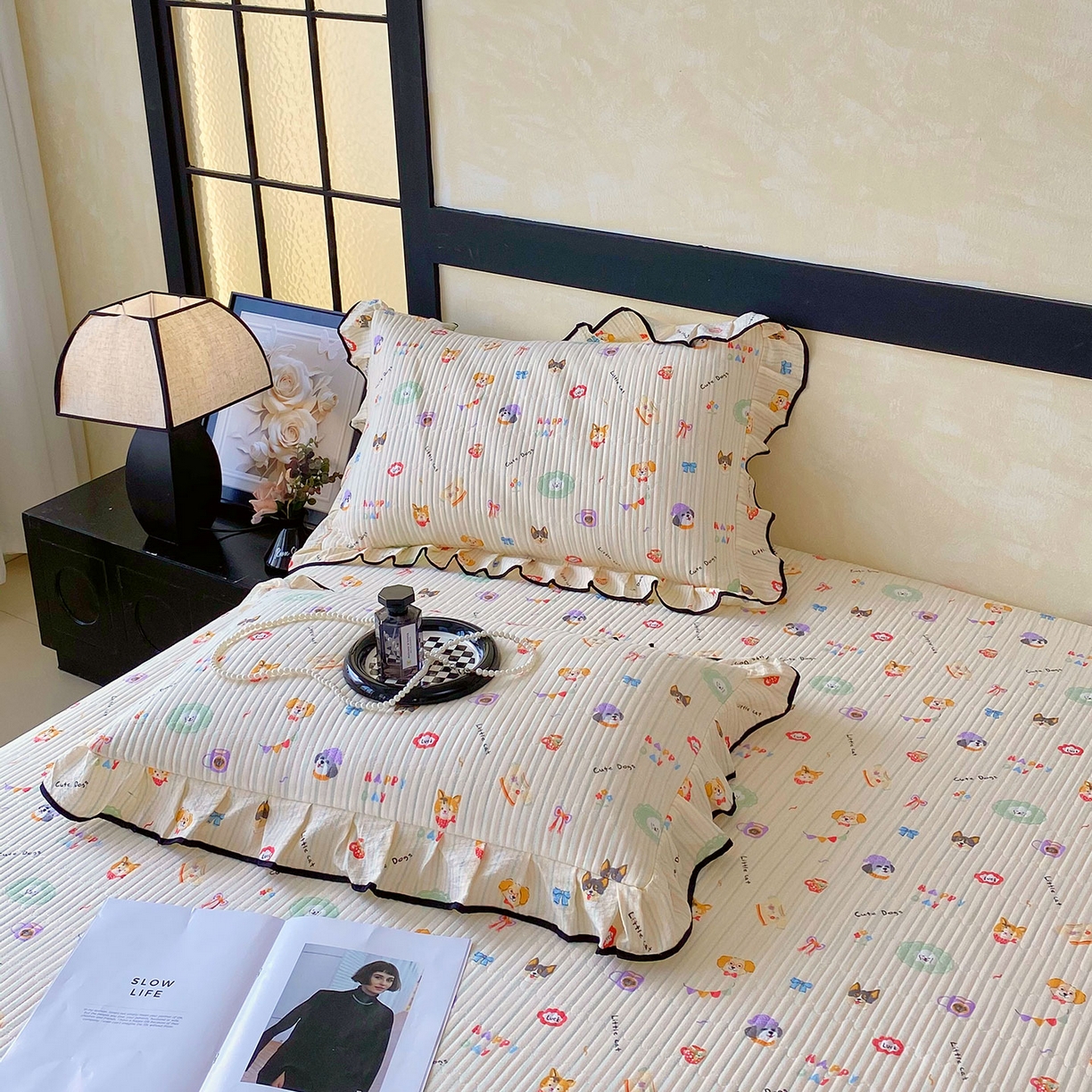 91家纺网 家纺一手货源 找家纺 雨彤家纺 2025新款A类云感公主风双层纱印花夹棉花边款枕套 童趣涂鸦-公主风