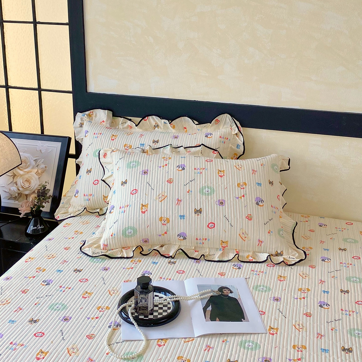 91家纺网 家纺一手货源 找家纺 雨彤家纺 2025新款A类云感公主风双层纱印花夹棉花边款枕套 童趣涂鸦-公主风