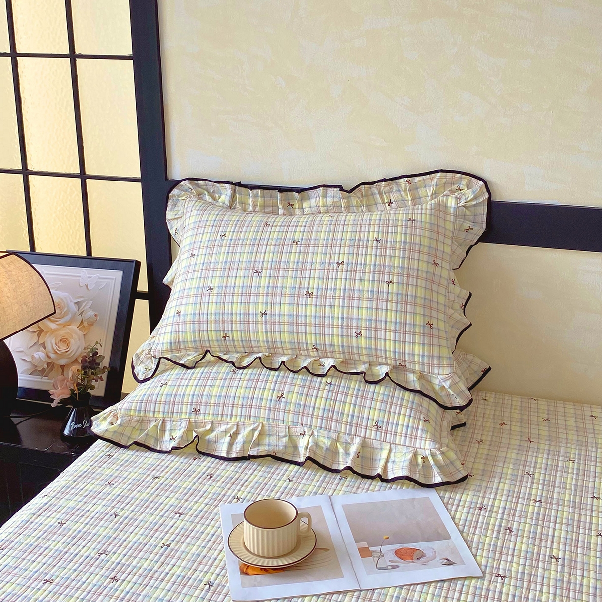 雨彤家纺 2025新款A类云感公主风双层纱印花夹棉花边款枕套 格调蝴蝶结-公主风